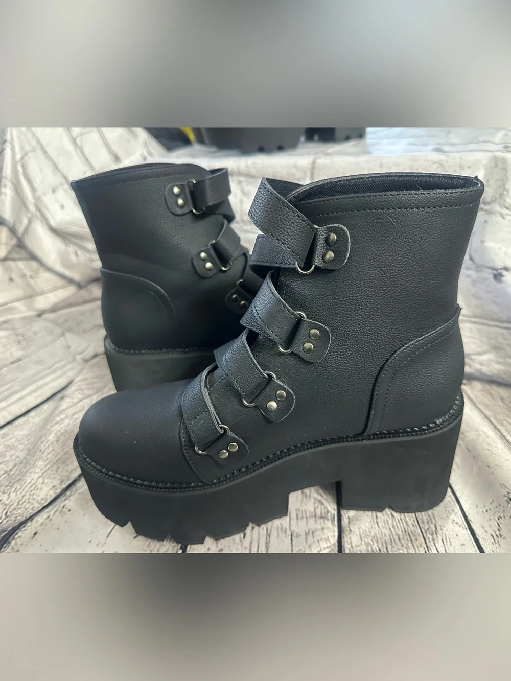 Women's Black Platform Ankle Boots with Buckle Straps